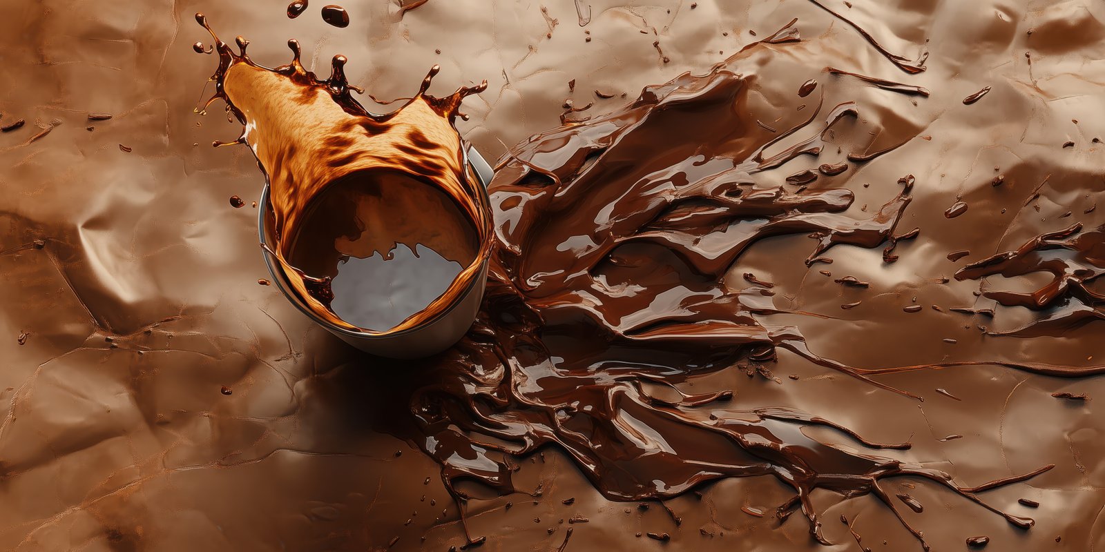 Chocolate splashes dramatically from a bowl onto a smooth surface creating an artistic display of rich brown tones